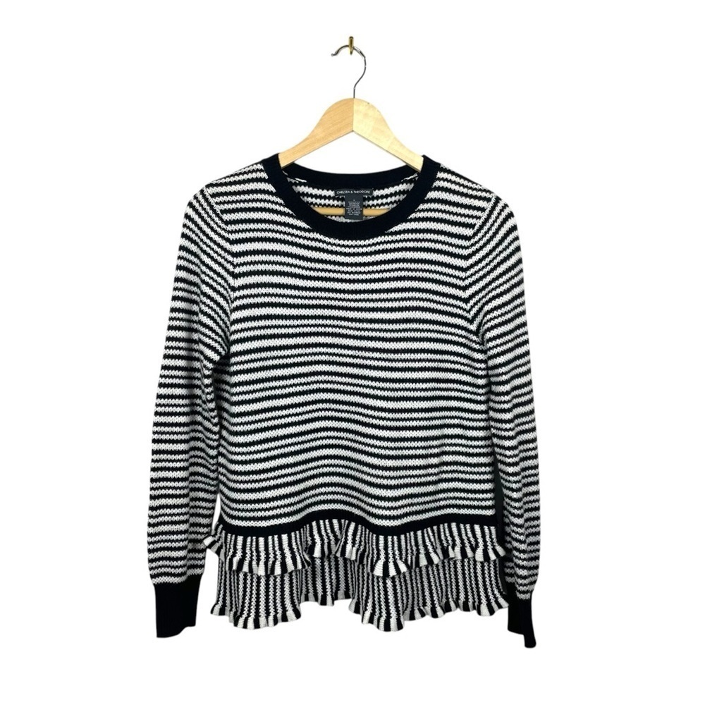 Chelsea & Theodore Striped Cashmere Blend Ruffle Hem Sweater Black/White Size S